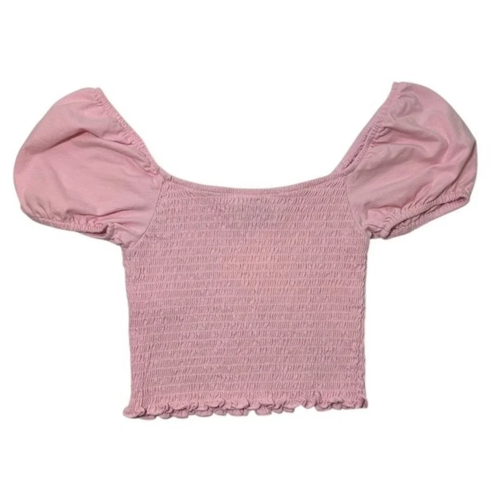 Hollister‎ Pink Smocked Puff Sleeve Cropped Top Womens Size S Square Neck